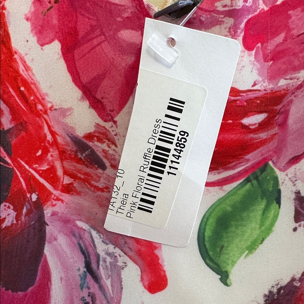 Theia Size 10 Floral Sleeveless Hi/Lo Dress. PTP 17” length front 42”, Back 46”. - Picture 5 of 7